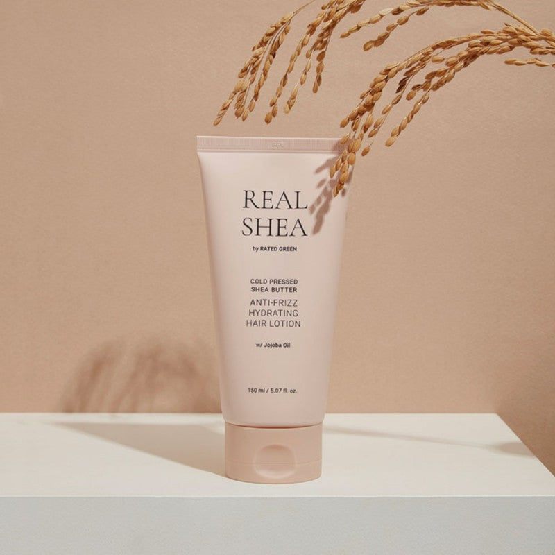 REAL SHEA Nenuplaunamas kondicionierius besipučiantiems plaukams “Cold Pressed Shea Butter Anti-Frizz Hair Lotion”