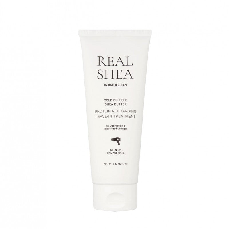 REAL SHEA Nenuplaunama kaukė plaukams su proteinais „Cold Pressed Shea Butter Protein Recharging Leave-in Treatment“