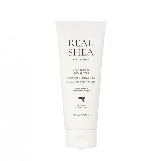 REAL SHEA Nenuplaunama kaukė plaukams su proteinais „Cold Pressed Shea Butter Protein Recharging Leave-in Treatment“