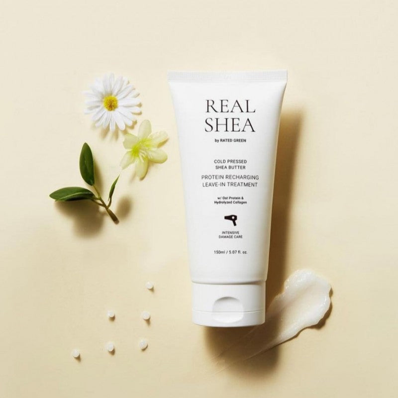 REAL SHEA Nenuplaunama kaukė plaukams su proteinais „Cold Pressed Shea Butter Protein Recharging Leave-in Treatment“