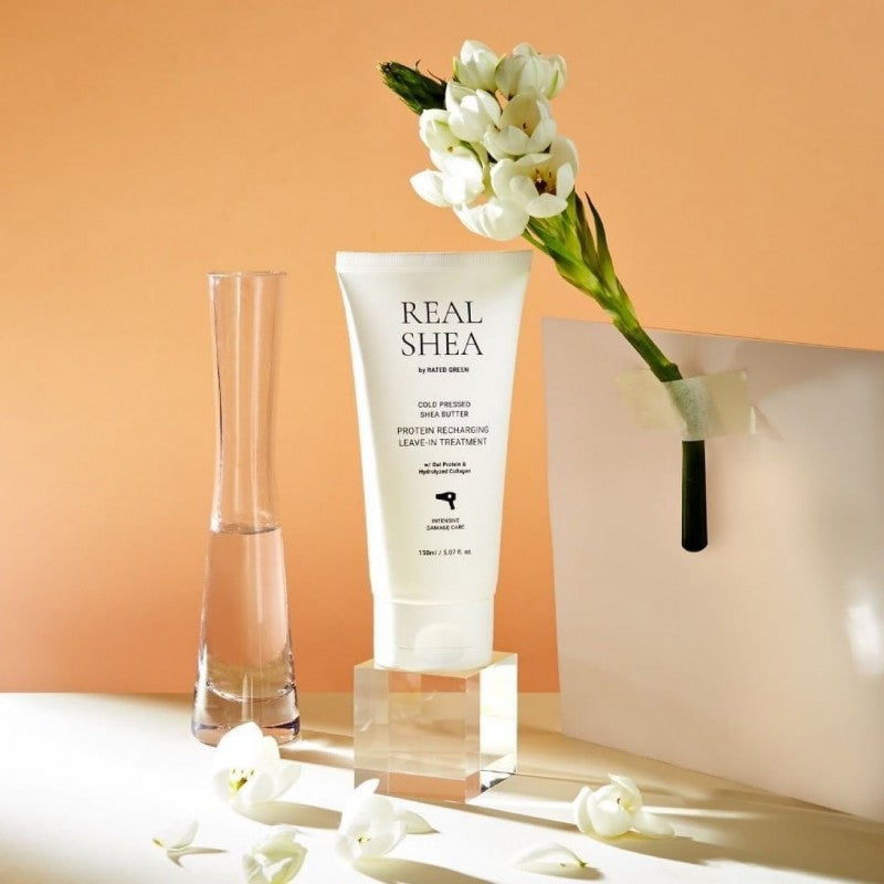 REAL SHEA Nenuplaunama kaukė plaukams su proteinais „Cold Pressed Shea Butter Protein Recharging Leave-in Treatment“