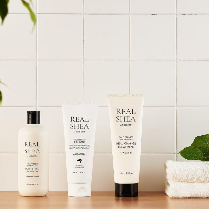 REAL SHEA Nenuplaunama kaukė plaukams su proteinais „Cold Pressed Shea Butter Protein Recharging Leave-in Treatment“