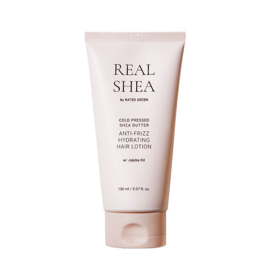 REAL SHEA Nenuplaunamas kondicionierius besipučiantiems plaukams “Cold Pressed Shea Butter Anti-Frizz Hair Lotion”